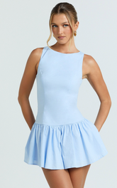 Izira Mini Dress - Boat Neck Drop Waist Shift Dress in Blue
