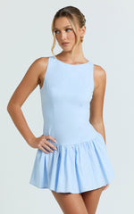 Izira Mini Dress - Boat Neck Drop Waist Shift Dress in Blue