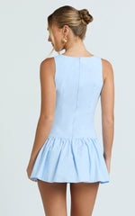 Izira Mini Dress - Boat Neck Drop Waist Shift Dress in Blue