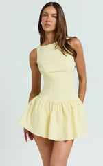 Izira Mini Dress - Boat Neck Drop Waist Shift Dress in Butter Yellow