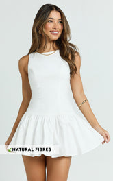 Izira Mini Dress - Boat Neck Drop Waist Shift Dress in White