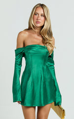 Izzy Mini Dress - Long Sleeve Off Shoulder Satin Slip Dress in emerald