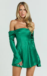 Izzy Mini Dress - Long Sleeve Off Shoulder Satin Slip Dress in emerald