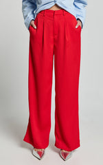 Jacie Pants - High Waisted Relaxed Textured Pants in Red
