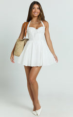Jaclyn Mini Dress - Embroidered Sweetheart Halter Fit And Flare Full Skirt Dress in White