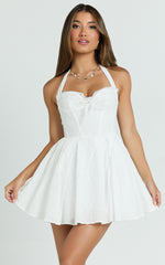 Jaclyn Mini Dress - Embroidered Sweetheart Halter Fit And Flare Full Skirt Dress in White