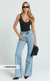 Jacqueline Jeans - High Waisted Relaxed Recycled Denim Bootcut Jeans in Mid Blue Wash