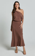 Jacqueline Midi Dress - Linen One Shoulder Dress in Chocolate