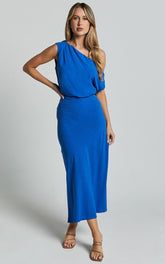 Jacqueline Midi Dress - Linen One Shoulder Dress in Cobalt
