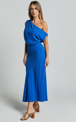 Jacqueline Midi Dress - Linen One Shoulder Dress in Cobalt