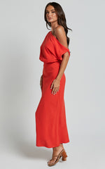 Jacqueline Midi Dress - Linen One Shoulder Dress in Sunset