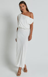 Jacqueline Midi Dress - Linen One Shoulder Dress in White