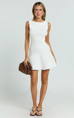 Jacqueline Mini Dress - High Neck Fit And Flare Pleat Knit Dress in Cream