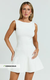 Jacqueline Mini Dress - High Neck Fit And Flare Pleat Knit Dress in Cream