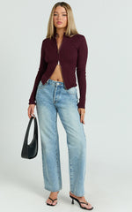 Jada Top - Double Zip Knitted Long Sleeve Top in Cherry Liqueur