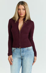 Jada Top - Double Zip Knitted Long Sleeve Top in Cherry Liqueur
