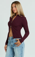 Jada Top - Double Zip Knitted Long Sleeve Top in Cherry Liqueur
