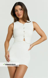 Jade Mini Dress - Button Down Recycled Knit Dress in White