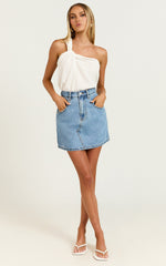 Jaden Mini Skirt - High Waisted Recycled Denim Mini Skirt in Mid Blue Wash