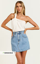 Jaden Mini Skirt - High Waisted Recycled Denim Mini Skirt in Mid Blue Wash