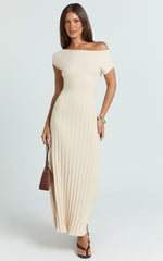 Jadey Midi Dress - Cap Sleeve Pleated Dress in Bone