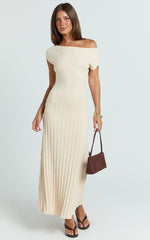 Jadey Midi Dress - Cap Sleeve Pleated Dress in Bone