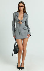 Jamaica Mini Dress - Cut Out Ruched Tie Front Fitted Blazer Dress in Grey