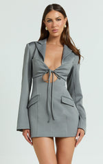 Jamaica Mini Dress - Cut Out Ruched Tie Front Fitted Blazer Dress in Grey