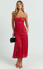 James Midi Dress - Ruched Stretch Lace Dress in Red