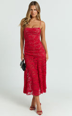 James Midi Dress - Ruched Stretch Lace Dress in Red
