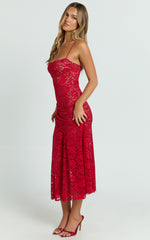 James Midi Dress - Ruched Stretch Lace Dress in Red