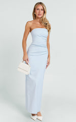 Jamie Midi Dress - Strapless Ruched Fitted Column Dress in Blue