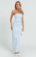 Jamie Midi Dress - Strapless Ruched Fitted Column Dress in Blue