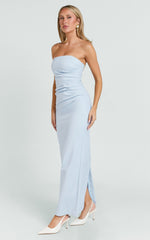 Jamie Midi Dress - Strapless Ruched Fitted Column Dress in Blue