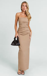 Jamie Midi Dress - Strapless Ruched Fitted Column Dress in Mocha