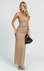 Jamie Midi Dress - Strapless Ruched Fitted Column Dress in Mocha