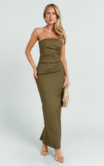 Jamie Midi Dress - Strapless Ruched Fitted Column Dress in Olive