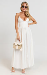 Jamilla Maxi Dress - Plunge Drop Waist High Leg Split Dress in Off White