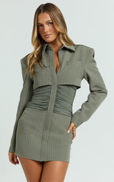 Janet Mini Dress - Oversized Placket Front Shirt Dress in Khaki/Cream Stripe