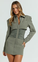 Janet Mini Dress - Oversized Placket Front Shirt Dress in Khaki/Cream Stripe