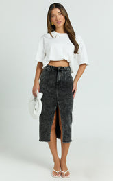 Janeve Midi Skirt - Front Split Denim Skirt in Black Acid Wash