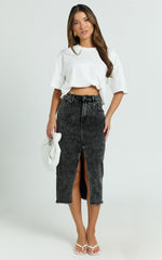 Janeve Midi Skirt - Front Split Denim Skirt in Black Acid Wash