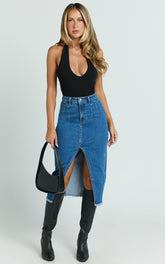 Janeve Midi Skirt - Front Split Denim Skirt in Dark Blue