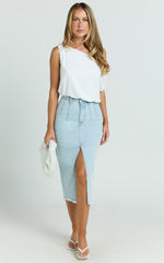 Janeve Midi Skirt - Front Split Denim Skirt in MID WASH