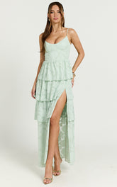 Janezkie Maxi Dress - Femme Tiered Jacquard Formal Dress in Mint