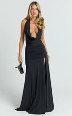 Janice Maxi Dress - Plunge Cowl Halter High Leg Split Dress in Black