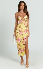 Janice Midi Dress - Knot Detail Front Split Dress in Sunshine Floral
