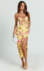 Janice Midi Dress - Knot Detail Front Split Dress in Sunshine Floral
