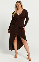 Janina Midi Dress - Plunge Long Sleeve Twist Wrap Asymmetric Dress in Chocolate