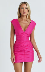Janine Mini Dress - Gathered V Neck Dress in Pink